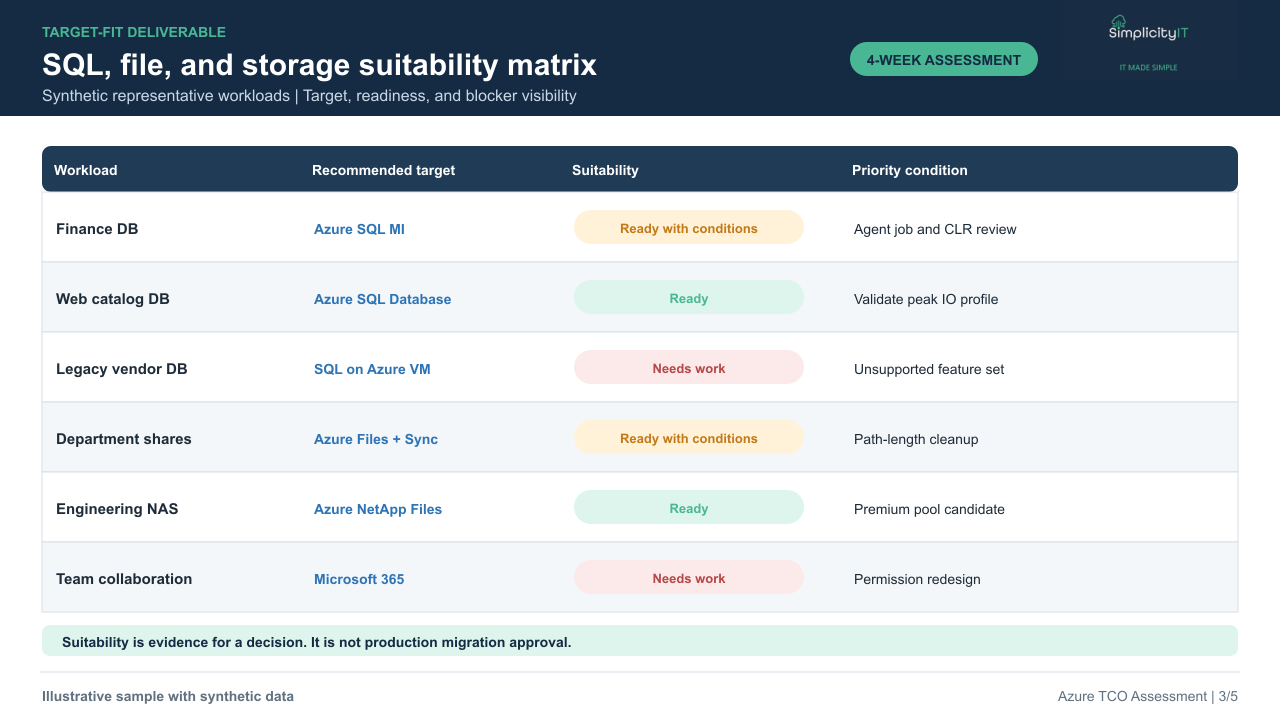 Synthetic SQL, file, and storage target-fit matrix.