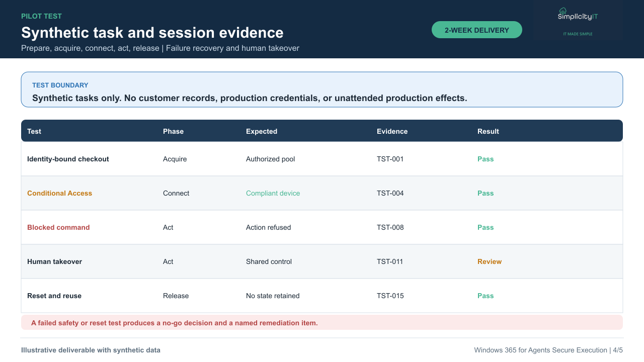 Synthetic pilot test evidence plan.
